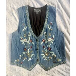 Agapo Womens Embroidered Vest Size L Denim Cottagecore Boho Floral Western